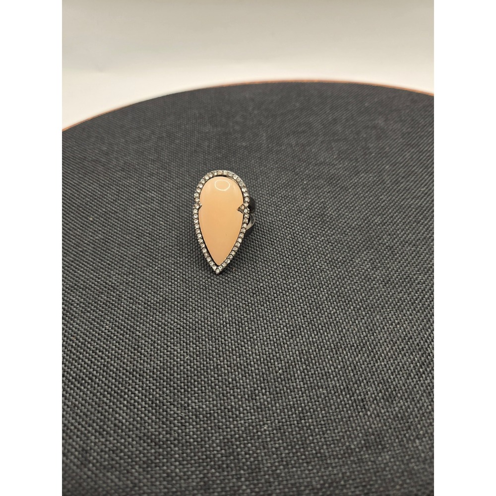 Gunmetal Teardrop Statement Ring Peach Cabochon Rhinestone Halo Size 8.5